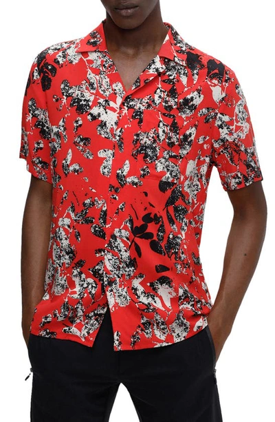 Hugo Boss Ellino Short Sleeve Linen Button-up Camp Shirt In Open Red