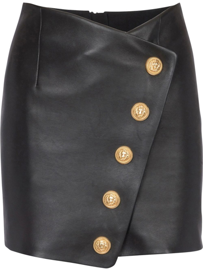 Balmain Asymmetric Buttoned Leather Mini Skirt In Black