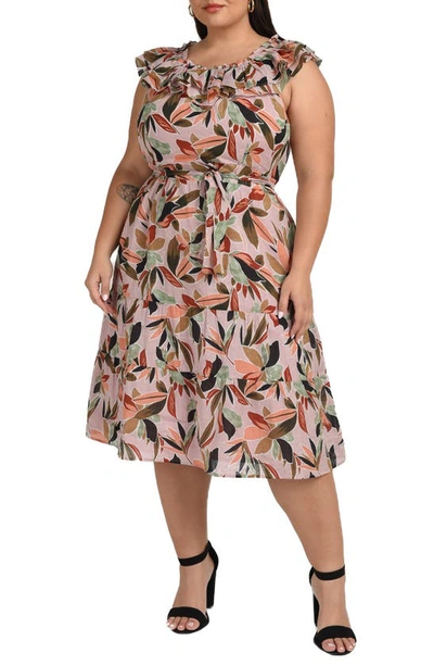 Daniel Rainn Leaf Print Shoulder Ruffle Tiered Dress In Pale Pink