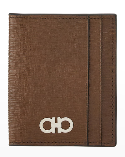 Ferragamo Men's Revival Gancio Leather Bifold Card Case In Brown