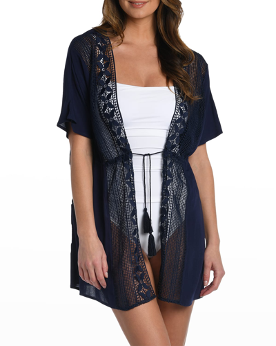 La Blanca Coastal Crochet Short-sleeve Kimono In Black