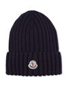 Moncler Wool Ribbed Logo Beanie In Navy