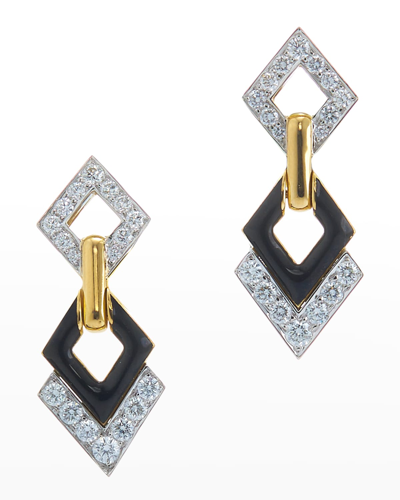 David Webb Women's Motif 18k Yellow Gold, Platinum, Black Enamel & Double Diamond Interlocking Earrings In Ylwgold