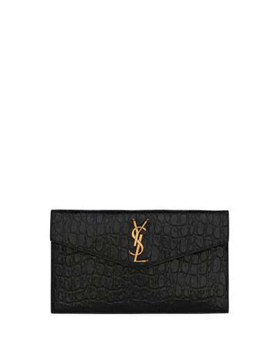 Saint Laurent Uptown Medium Ysl Monogram Croc-embossed Clutch Bag In Black
