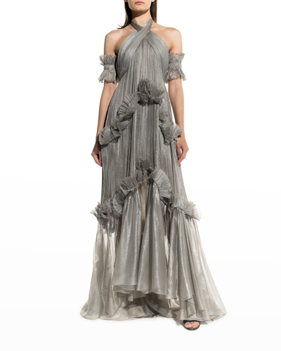 Maria Lucia Hohan Zadie Metallic Plisse Tiered Halter Gown W/ Removable Sleeves In Gunmetal