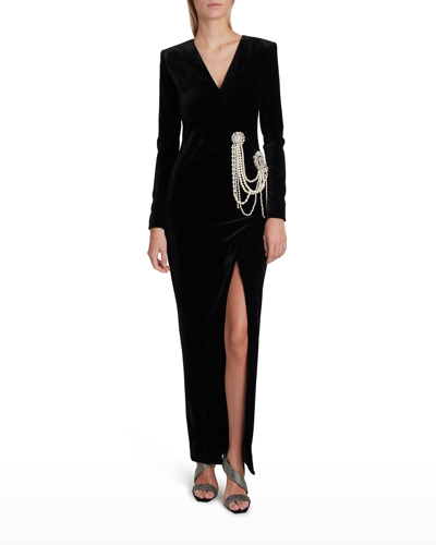 Balmain Wrap-effect Crystal And Faux Pearl-embellished Velvet Gown In Black