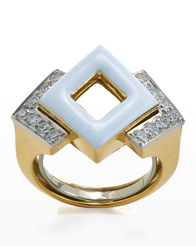 David Webb Double Diamond White Enamel Gold And Platinum Ring