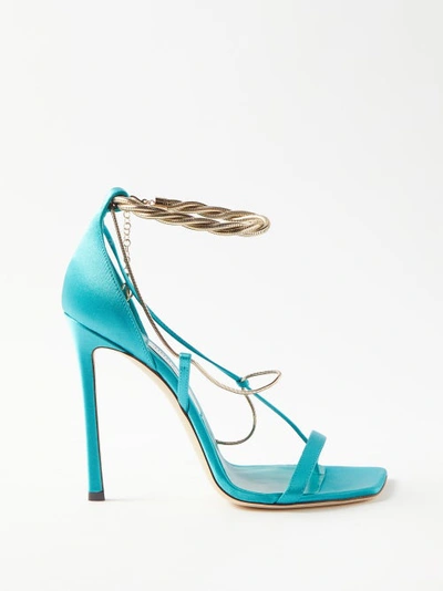Jimmy Choo Oriana Chain-embellished Leather And Satin Heeled Sandals In Blue