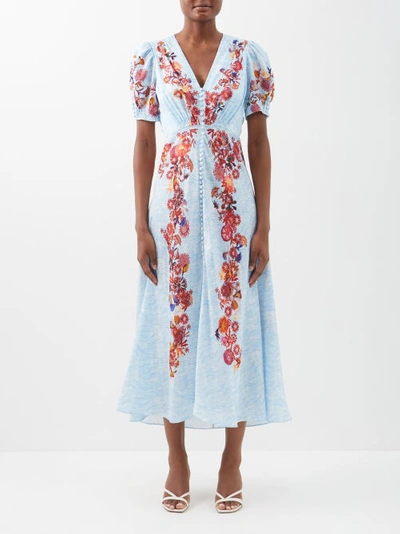 Saloni Lea Floral-print Silk-satin Midi Dress In Blue