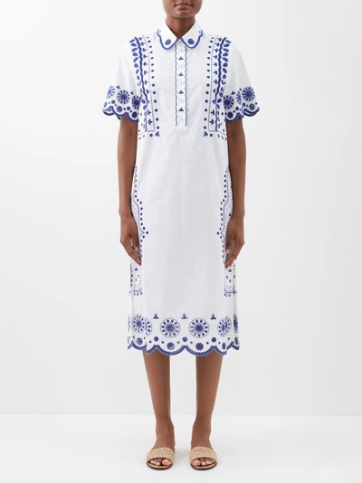 Saloni Dree Broderie Anglaise Cotton-poplin Midi Dress In White Blue