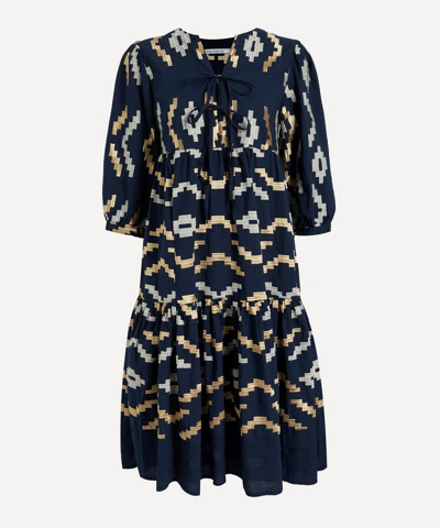 Kori Geometric Embroidered Midi-dress - Size 14 In Navy / White / Gold