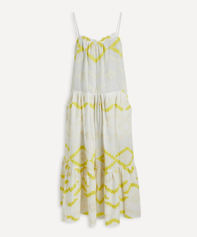 Kori Geometric Embroidered Sleeveless Midi-dress In White / Yellow