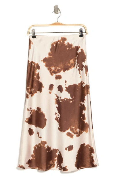Renee C Satin Cow Print Midi Skirt In Brown