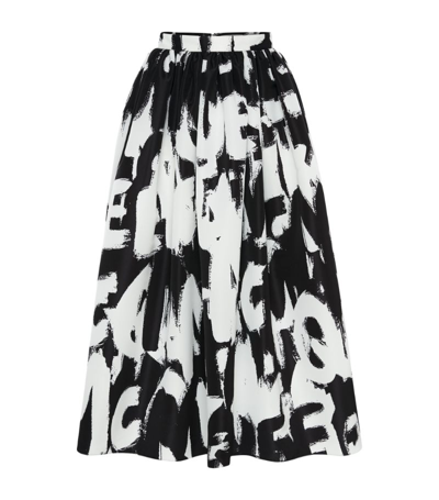 Alexander Mcqueen A-line Graffiti-print Woven Midi Skirt In Black/white