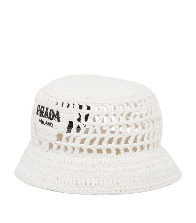 Prada Woven Logo Perforated Bucket Hat In White