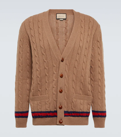Gucci Cable Knit Cardigan With Web In Camel/mc