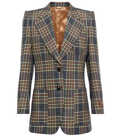 Gucci Linen And Silk Blend Checked Blazer In Blue