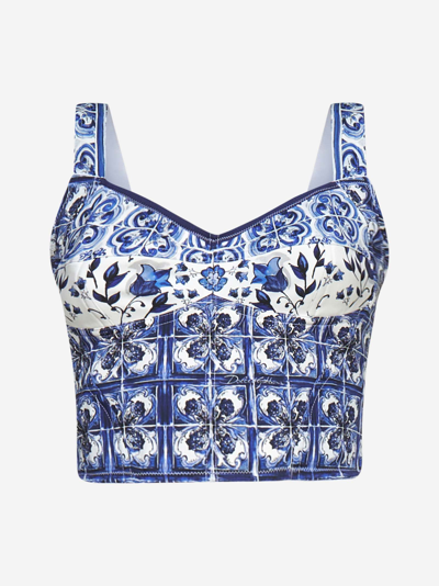 Dolce & Gabbana Cropped Floral-print Silk-blend Bustier Top In Multi