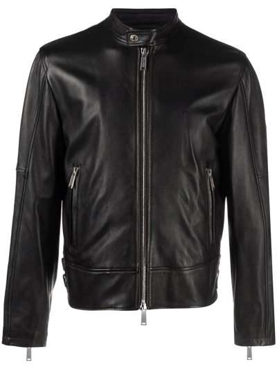 Dsquared2 Standing Collar Zipped Leather Jacket In Black