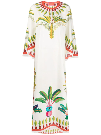 La Doublej Flying Palm Tree-print Poplin Kaftan Dress In Multi