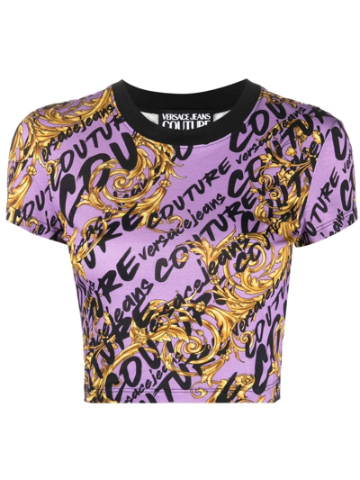 Versace Jeans Couture Printed Jersey Cropped T-shirt In Iris Gold