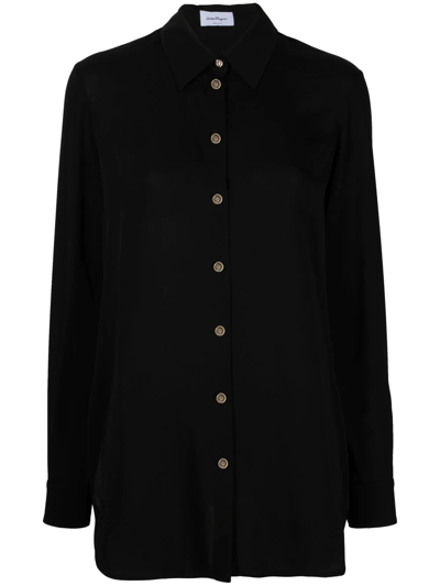 Ferragamo Logo-button Long-sleeve Silk Shirt In Black