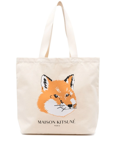Maison Kitsuné Fox-head Logo-print Canvas Tote Bag In Neutrals