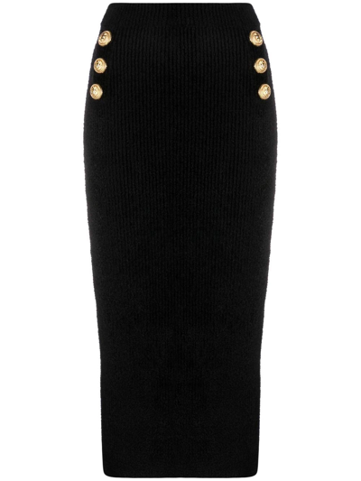 Balmain Decorative-buttons Ribbed Pencil Skirt In Black