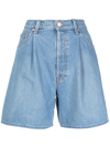 Mother The Fun Dip Pleated Denim Shorts In Blue