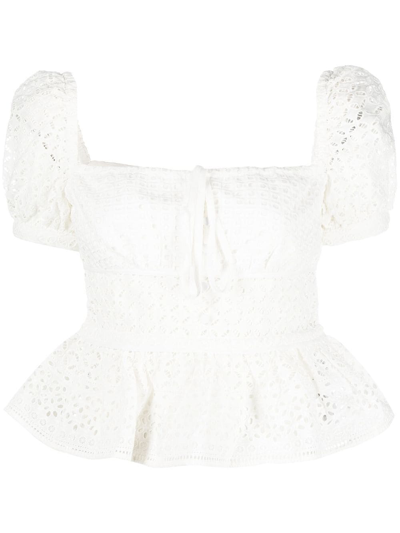 Self-portrait Tie-detailed Broderie Anglaise Cotton-voile Peplum Blouse In White