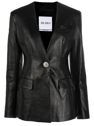 Attico Collarless Single-breasted Leather Blazer In Nero