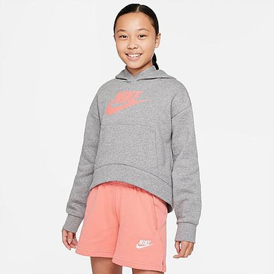 Nike Girls' Sportswear Club Fleece High-low Pullover Hoodie In Carbon Heather/pink Salt