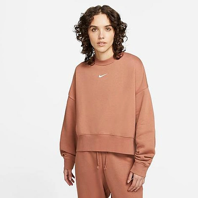 Nike Women's Sportswear Collection Essentials Oversized Fleece Crewneck Sweatshirt In Mineral Clay/white