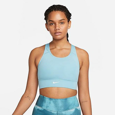 Nike Women's Dri-fit Swoosh Medium-support One-piece Padded Longline Sports Bra In Worn Blue/worn Blue/worn Blue/white