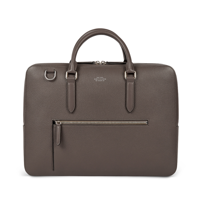 Smythson Large Briefcase With Zip Front In Ludlow In Dark Taupe