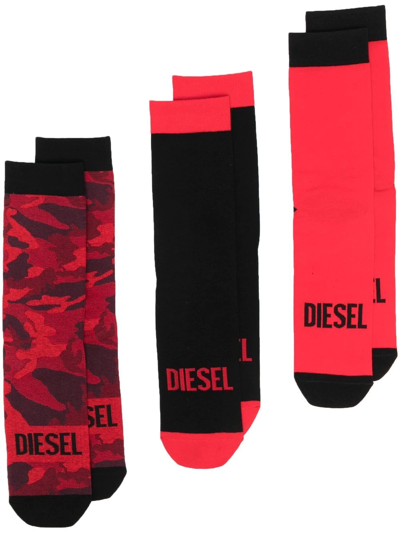Diesel Three-pack Camouflage Logo Socks In Red