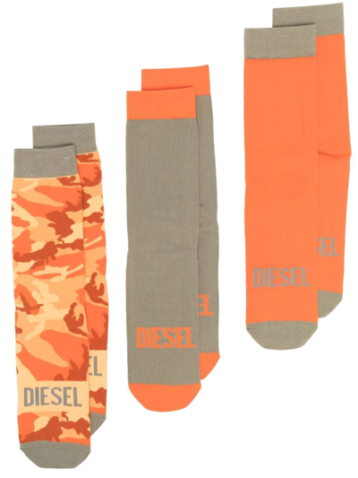 Diesel Three-pack Camouflage Logo Socks In Orange