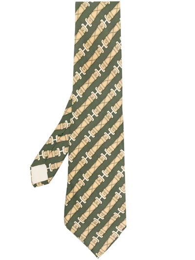 Pre-owned Hermes 1970s  Logo Belt Print Necktie In Green