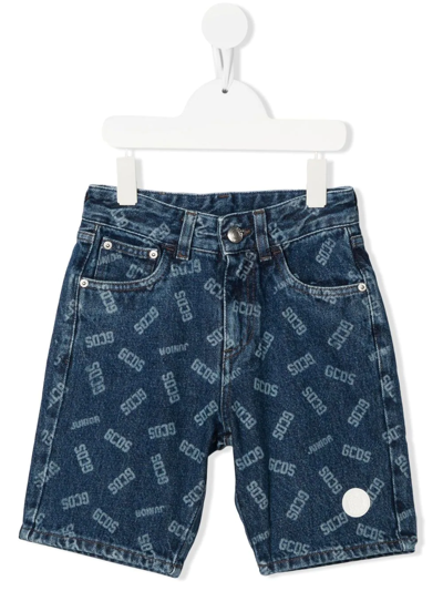 Gcds Kids' All-over Logo-print Denim Shorts In Blue
