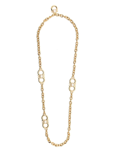 Ferragamo Long Gancini And Pearl Pendant Necklace In Gold