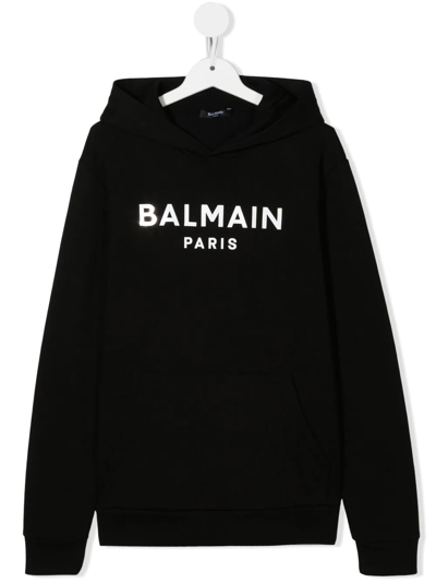 Balmain Teen Logo-print Cotton Hoodie In Black