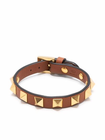 Valentino Garavani Leather Studded Bracelet (8x8mm) In Brown