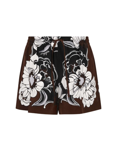 Valentino Floral-print Cotton And Silk-blend Twill Shorts In Brown,black,white