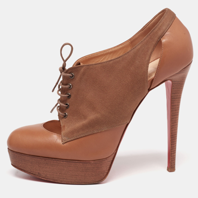 Pre-owned Christian Louboutin Tan/brown Leather And Canvas Lace-up Ankle Booties Size 39.5