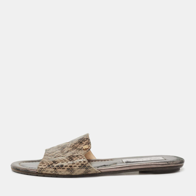 Pre-owned Jimmy Choo Grey Snakeskin Leather Nanda Flat Slide Sandals Size 37