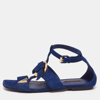 Pre-owned Louis Vuitton Blue Suede Flat Ankle-strap Sandals Size 38