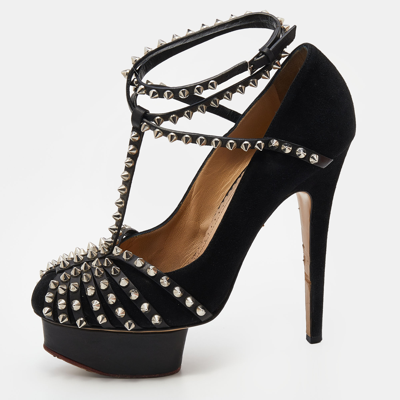 Pre-owned Charlotte Olympia Black Suede Studded Strappy Ankle Strap Platform Sandals Size 38