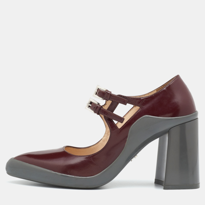 Pre-owned Prada Burgundy Leather Dual Strap Mary Jane Block Heel Pumps Size 37.5