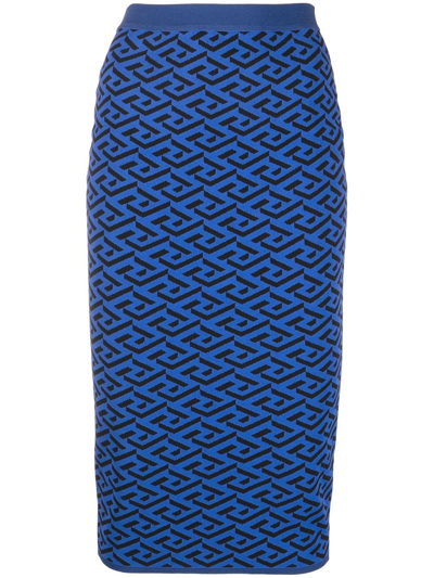 Versace La Greca Pattern Knitted Skirt In Blue