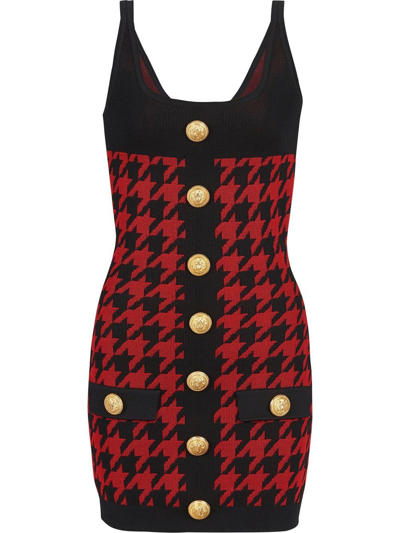 Balmain Butonned Houndstooth Short Knit Dress In Red